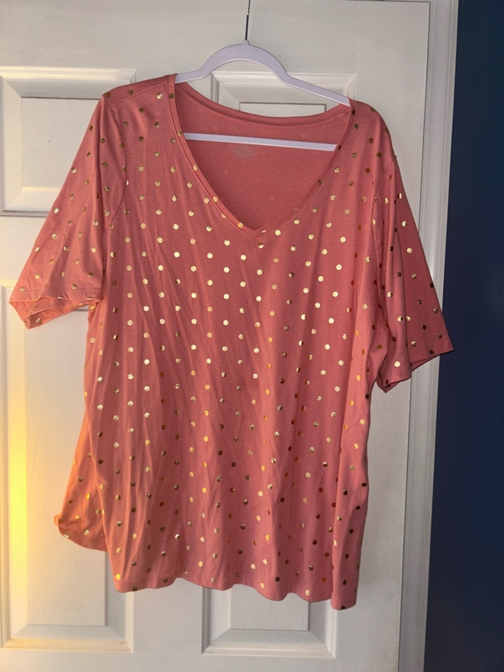 Lane Bryant Coral V-Neck Tee with Gold Foil Polka Dots